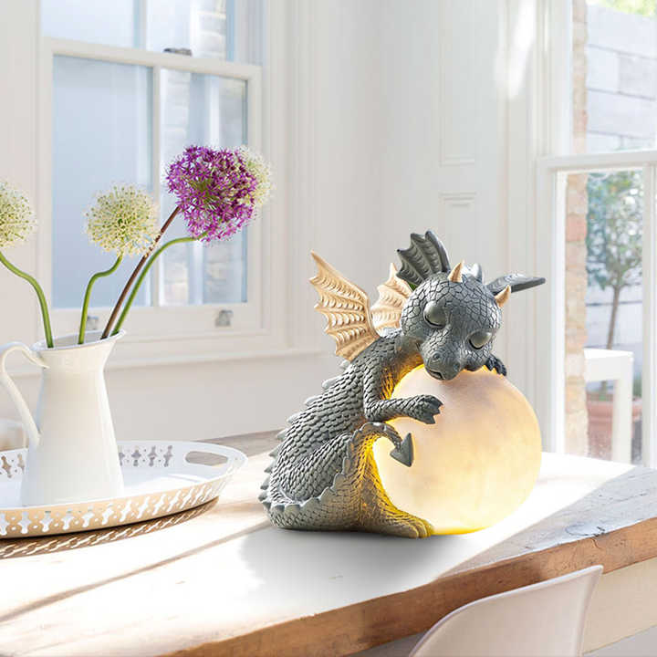 Intricate resin dragon LED table lamp. Mythical fantasy decor & unique room accent lighting.