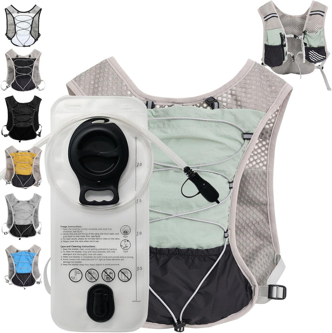 The 2L water bladder inside the Dravien running vest, showing the hydration tube coming out