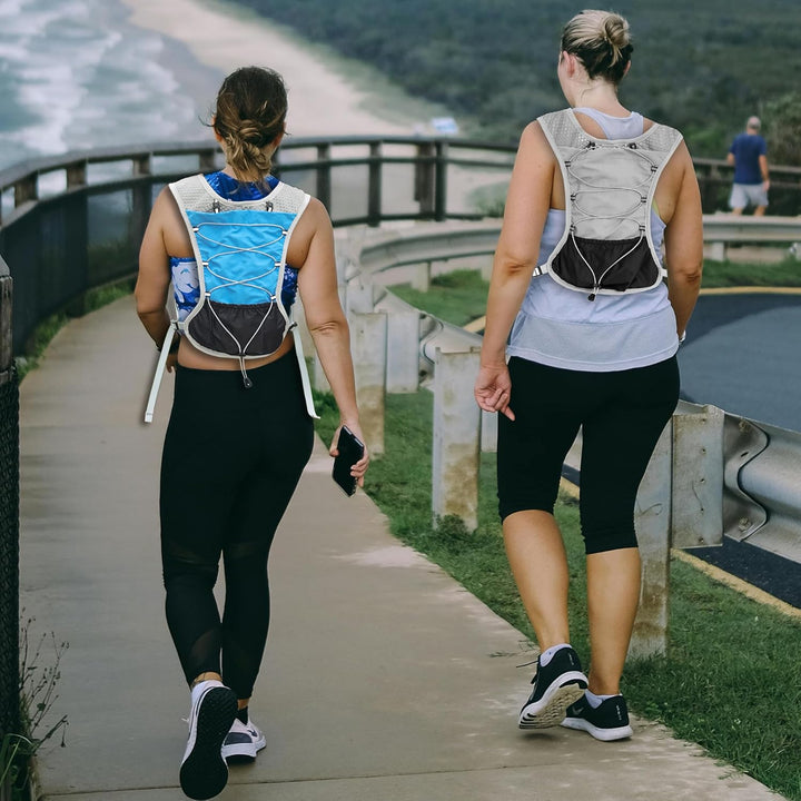 Side profile of Dravien hydration vest for running, showing snug fit and minimal design