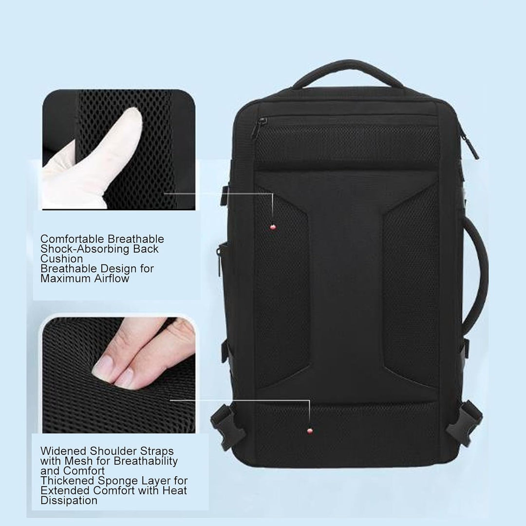 Unisex Dravion travel backpack fully expanded, showing large storage capacity for adventure travel