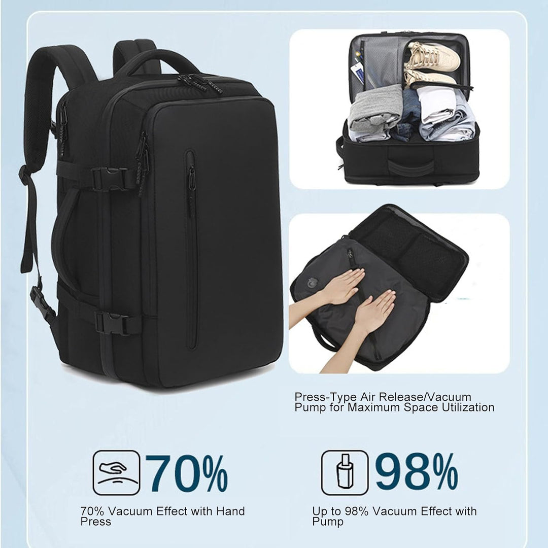 Person comfortably wearing Dravion 56-75L vacuum backpack, ideal for business or leisure travel