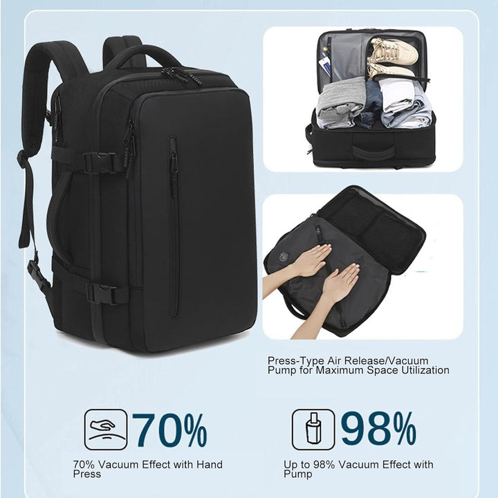 Person comfortably wearing Dravion 56-75L vacuum backpack, ideal for business or leisure travel