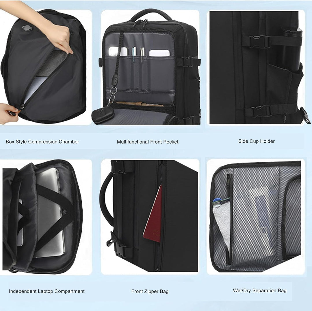 Interior view of Dravion expandable backpack, showing organized compartments for travel gear