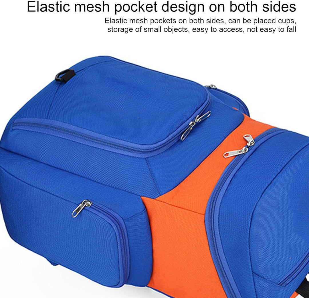 Blue-Orange 30L Draycor men's sports backpack, designed for basketball players, includes accessory pockets.