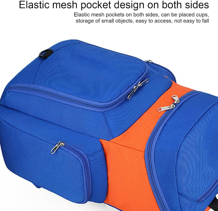 Blue-Orange 30L Draycor men's sports backpack, designed for basketball players, includes accessory pockets.