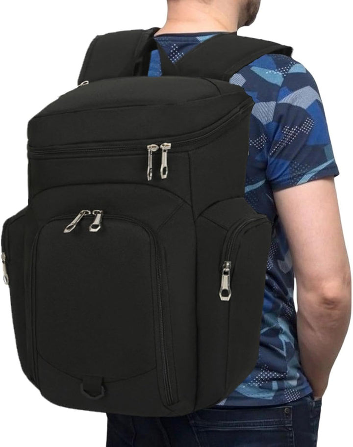 Men's Draycor 30L basketball bag, shown with basketball inside, ample storage, blue-orange.
