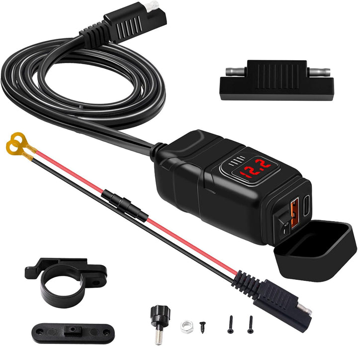 Drayvik motorcycle dual-port USB-C fast charger with voltmeter, black, mounted on handlebars
