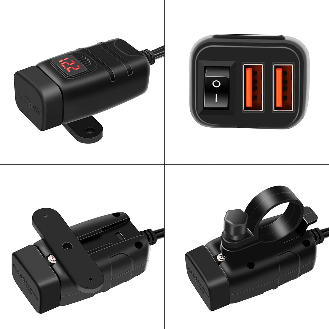 Close-up of Drayvik motorcycle USB & Type-C fast charger, showing digital voltmeter display