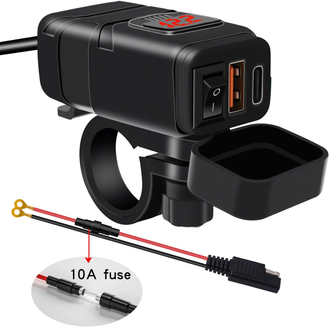 Motorcycle fast charger with dual ports (USB-A & USB-C) and integrated voltmeter for bike power