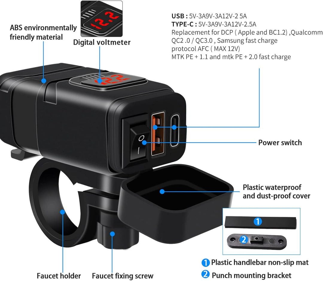 Black Drayvik motorcycle accessory: USB & Type-C charger providing fast charging on a motorcycle