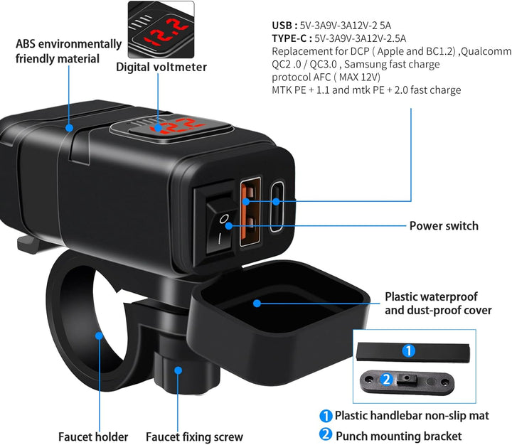 Black Drayvik motorcycle accessory: USB & Type-C charger providing fast charging on a motorcycle