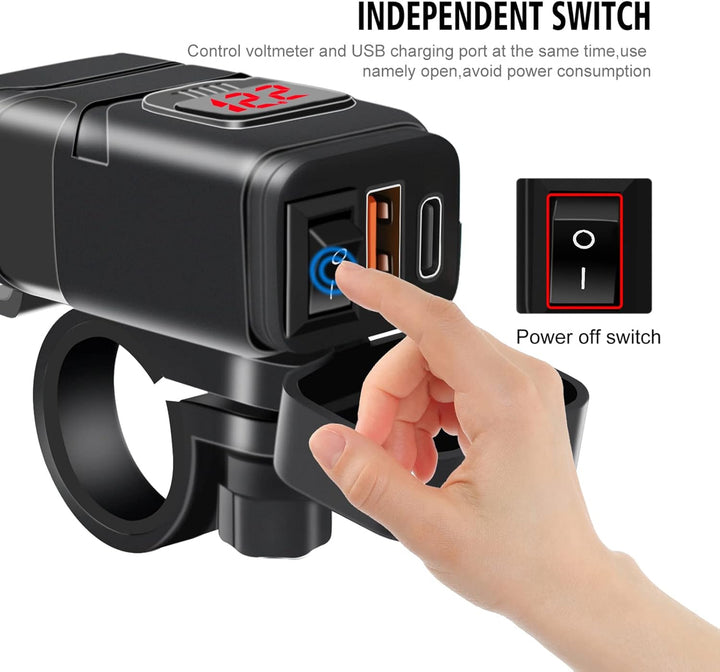Dual-port motorcycle charger by Drayvik, featuring USB-C for modern fast charging devices