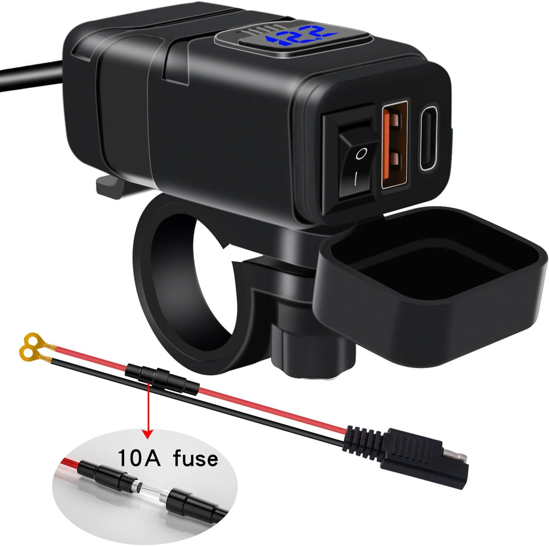 Angled view of Drayvik motorcycle power solution: USB-C fast charger and voltmeter ready for use
