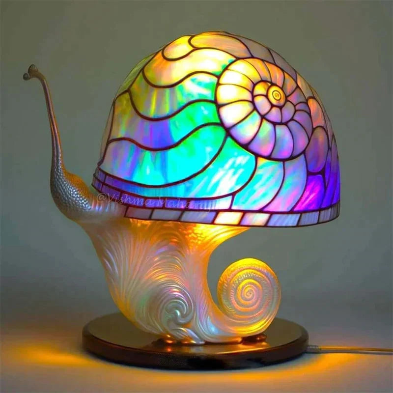 Decorative Stained Glass Table Lamp with vibrant colors. DreamGlow accent light enhances any bedroom or living room decor.