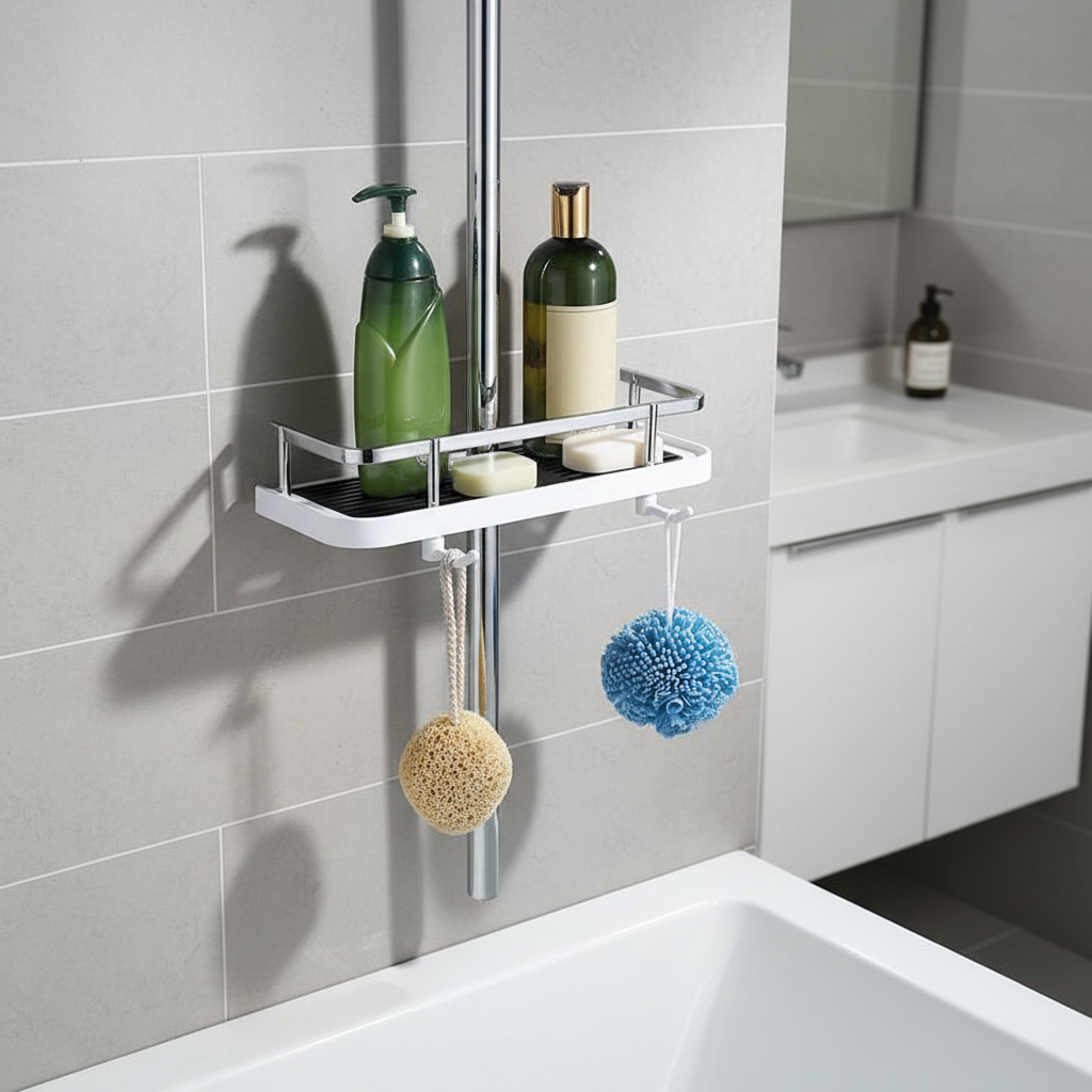 Drill-free bathroom shower shelf with strong suction cups for organization and storage