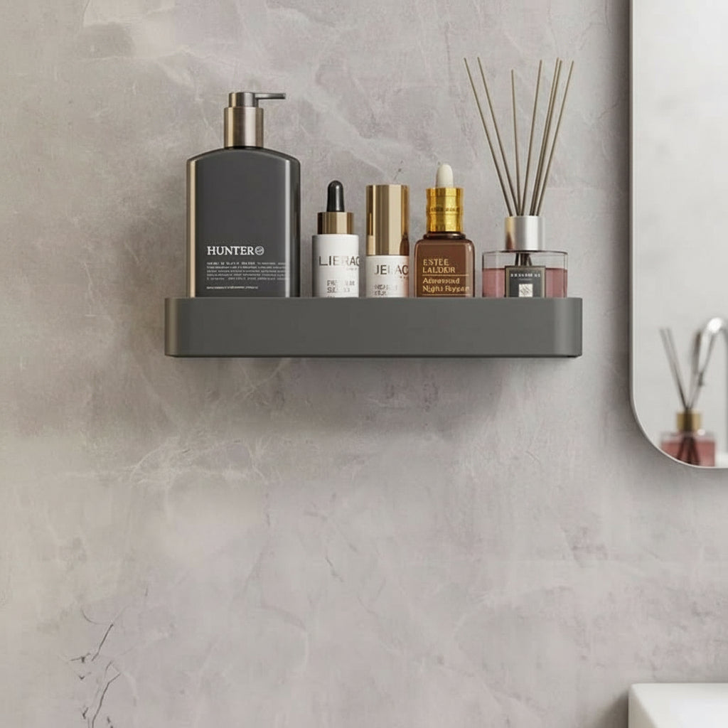 Drill-free bathroom wall shelf with towel bar for toiletries & modern decor.
