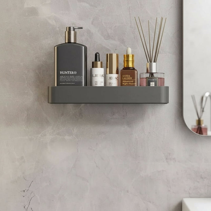 Drill-free bathroom wall shelf with towel bar for toiletries & modern decor.