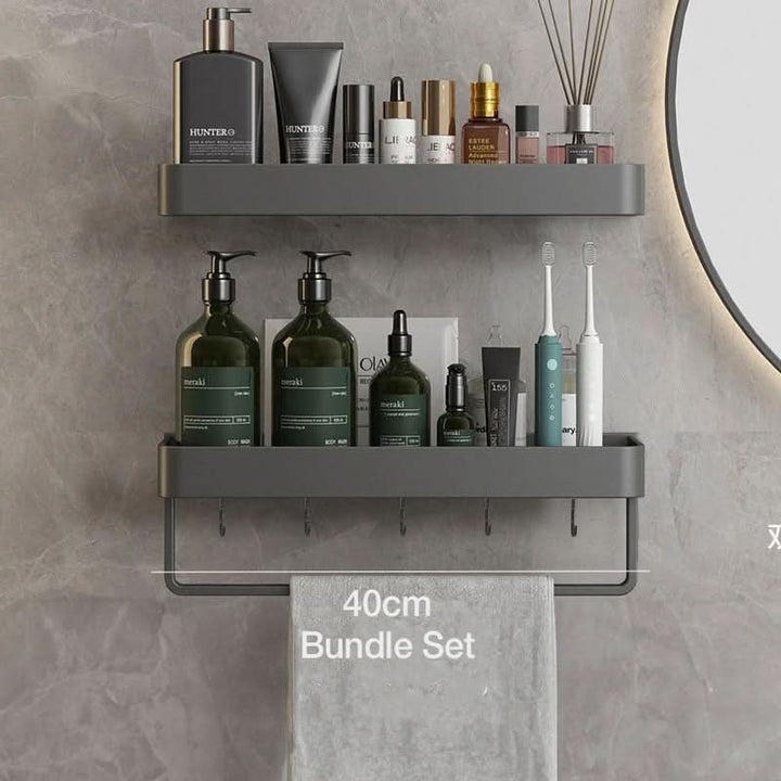 Multifunctional drill-free bathroom wall organizer shelf with towel bar for smart storage.