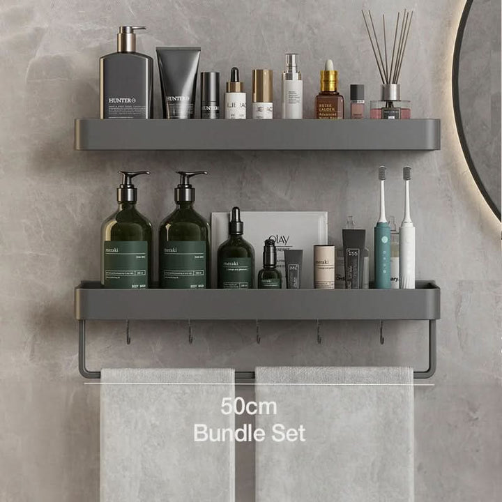 Declutter your bathroom instantly with this modern drill-free wall shelf & integrated towel bar.
