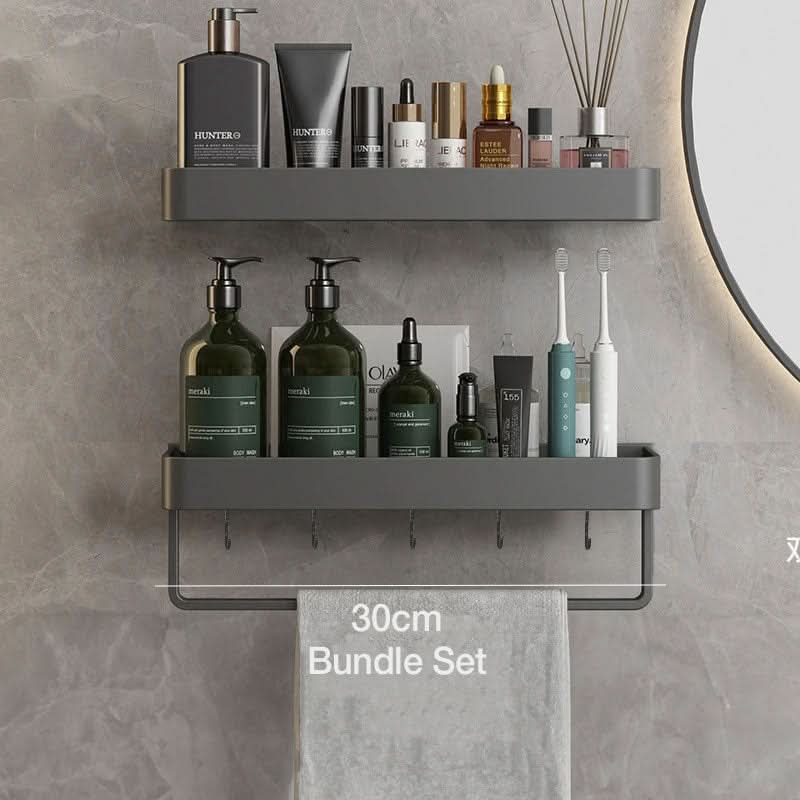 Contemporary drill-free bathroom shelf with towel rail; elegant storage for any decor.