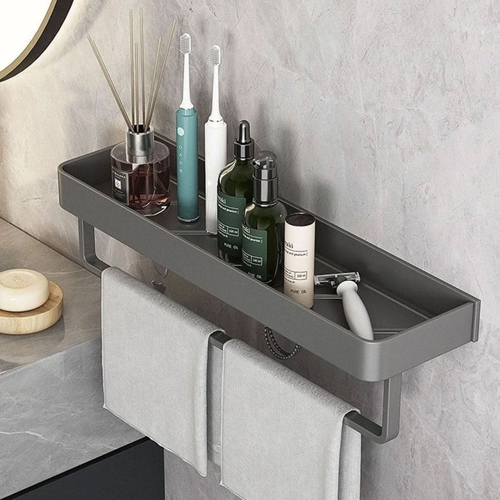 Easy install drill-free bathroom shelf & towel bar, perfect for rentals & quick organization.
