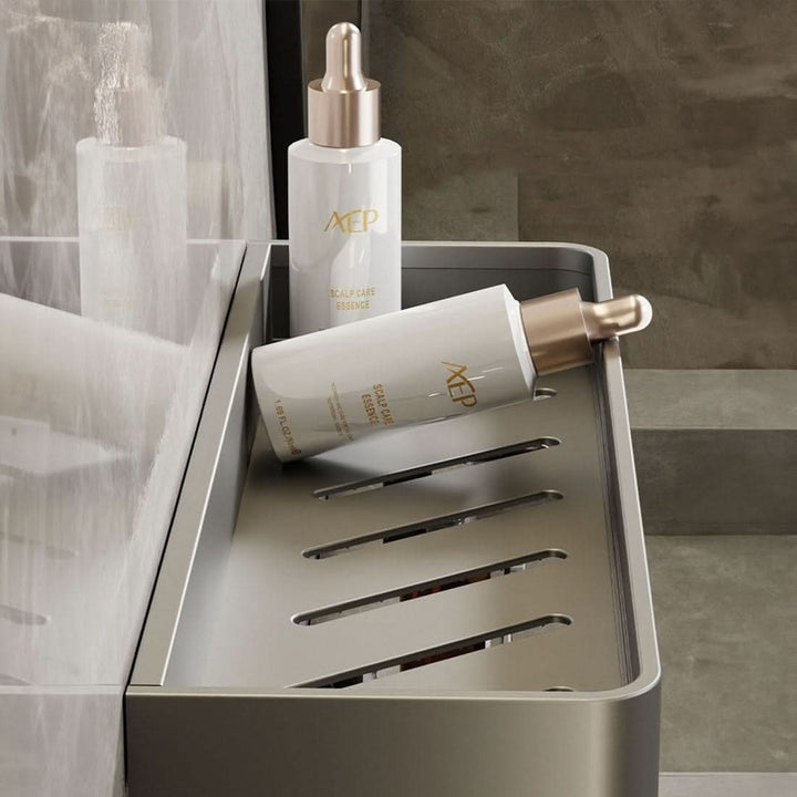 Sleek modern drill-free bathroom shelf with integrated towel bar enhances decor & storage.