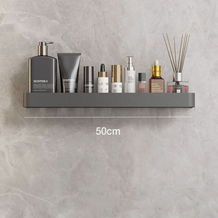 Maximizing space: drill-free bathroom wall shelf & towel bar for toiletries & towels.