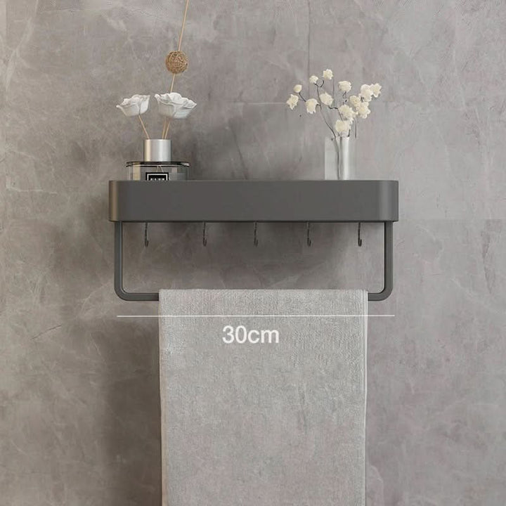 Convenient drill-free bathroom shelf with towel bar; ideal for shampoo, soap, & hand towels.