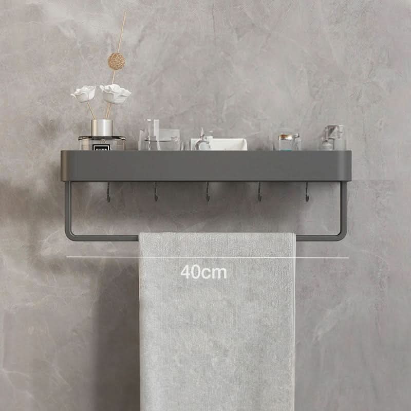 Quick setup drill-free bathroom shelf with towel bar, a stylish solution for storage.