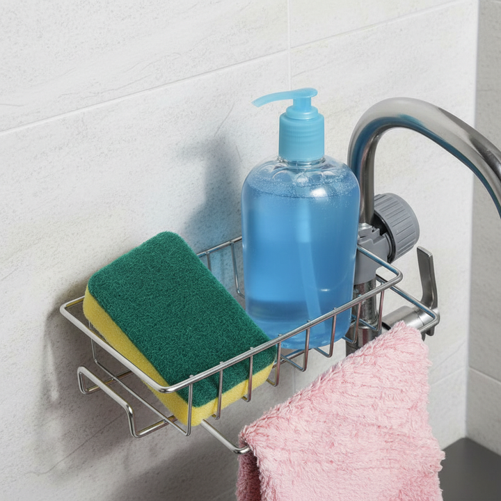 DripEase tool-free stainless steel kitchen sink caddy, sponge holder, and brush holder organizer.