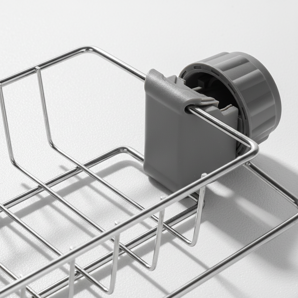 Stainless steel DripEase kitchen sink caddy for sponges, brushes, and dishcloths with tool-free setup.