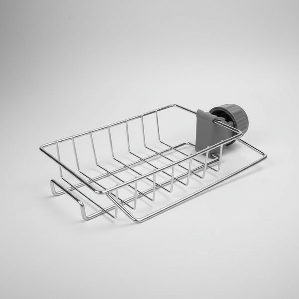 Compact DripEase kitchen organizer, a tool-free universal sponge holder and brush holder for sinks.
