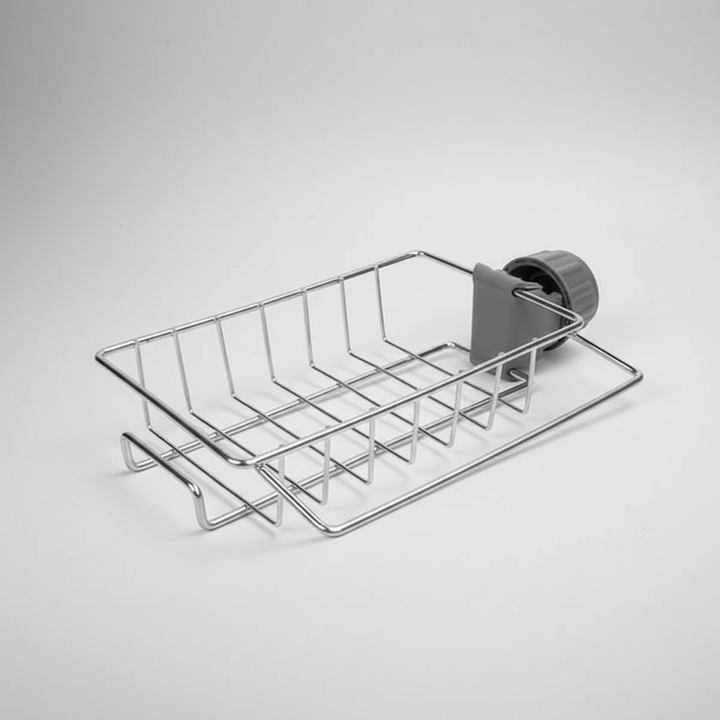 Compact DripEase kitchen organizer, a tool-free universal sponge holder and brush holder for sinks.