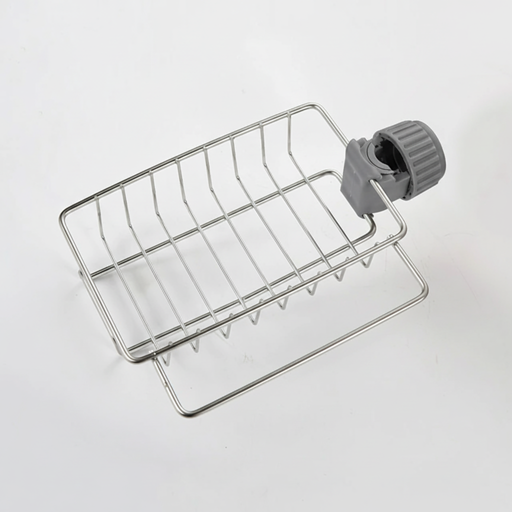 DripEase ergonomic kitchen sink caddy, a tool-free organizer for sponges, brushes, and dishcloths.