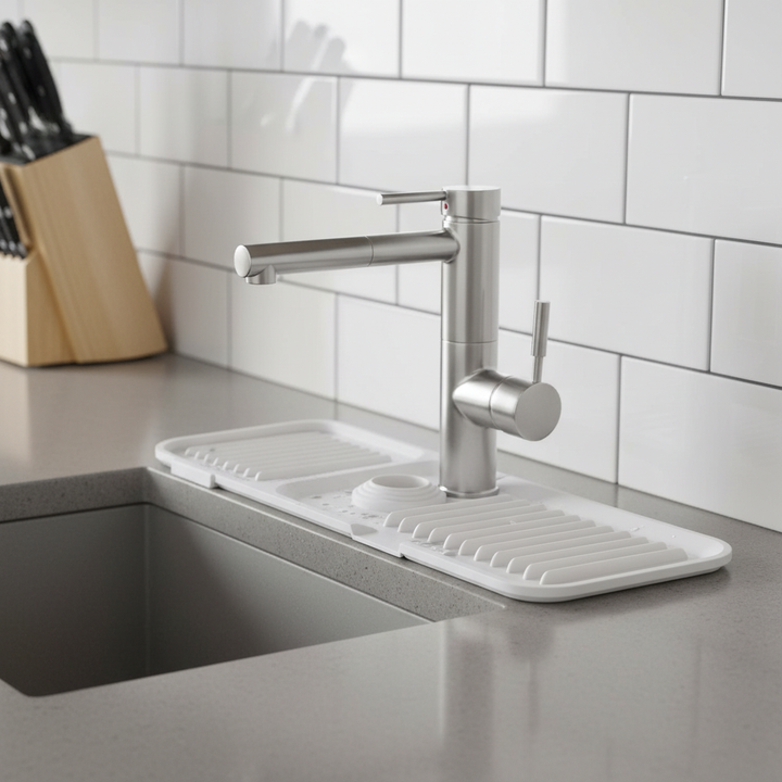DryShield silicone faucet splash catcher mat, gray, for kitchen sink countertop protection
