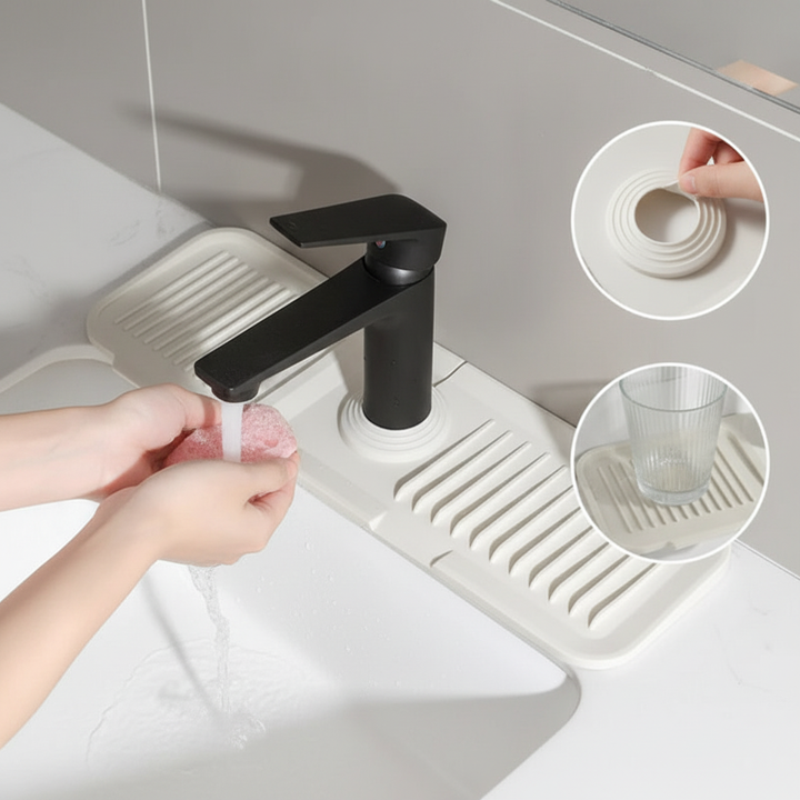 Flexible silicone water catcher mat with drainage, DryShield, keeps faucet area dry and clean