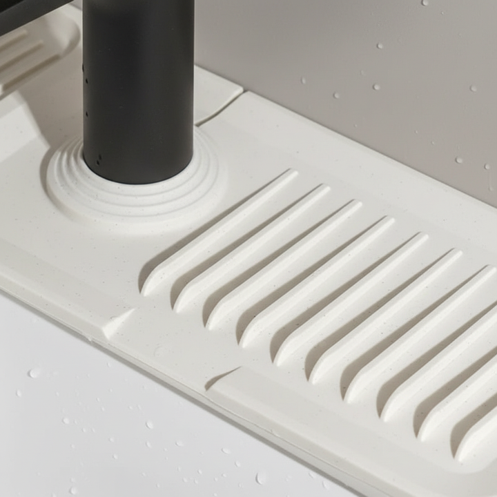 DryShield silicone faucet splash guard mat in black, perfect sink organizer and countertop protector