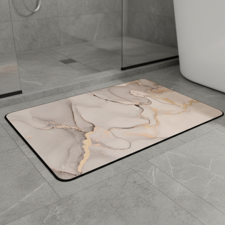 DryStepPro absorbent non-slip bathroom mat, quick dry, dark grey, on tiled floor