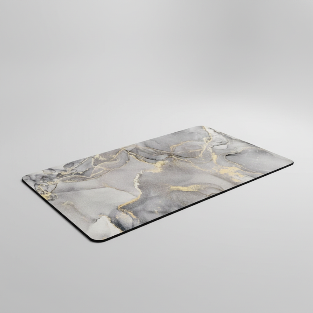 Person stepping onto DryStepPro quick dry bath rug after shower, comfort and hygiene