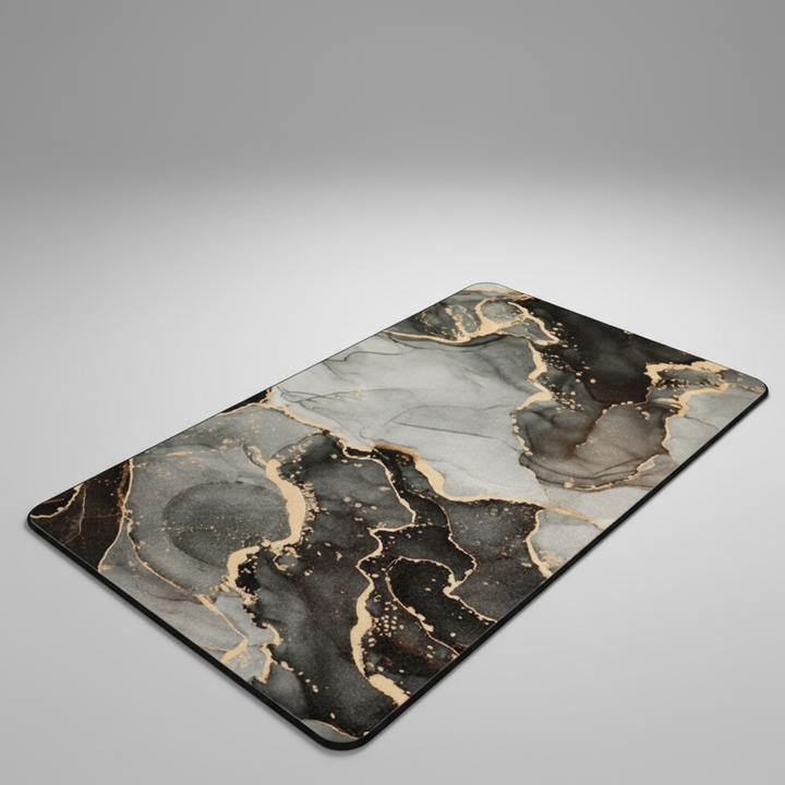 DryStepPro absorbent bathroom mat detail, non-slip backing visible, floor protection
