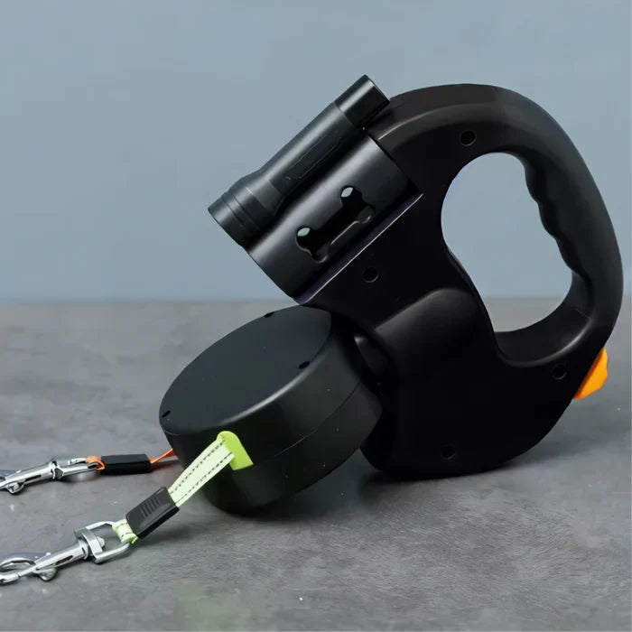 Dual dog leash for two dogs, tangle-free swivel, with bright LED light for safe night walking & pet safety.