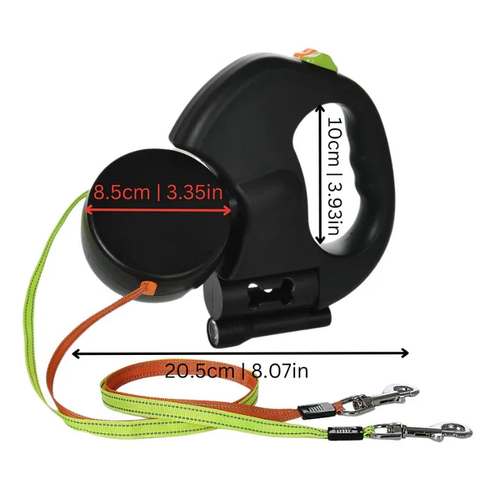 Tangle-free dual dog leash for two dogs, featuring LED light for enhanced visibility during dog walking.