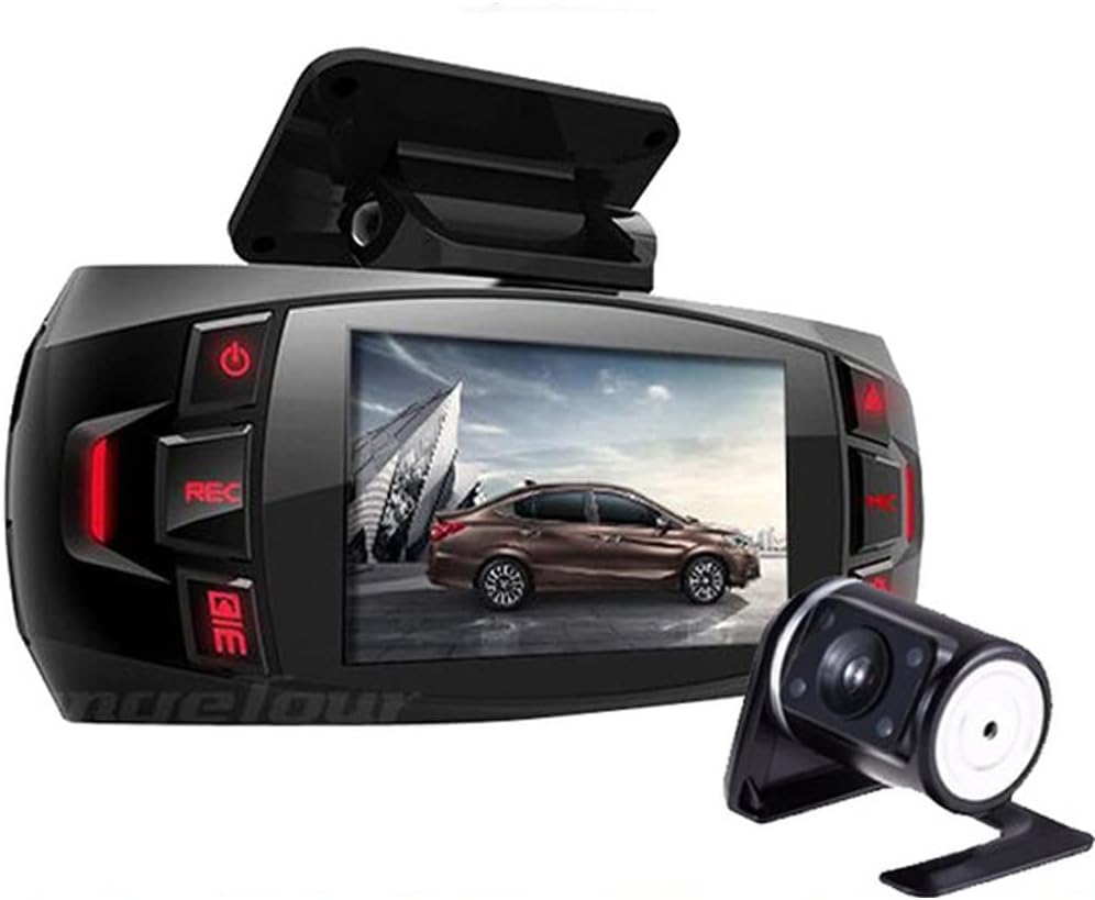 Dual lens dash cam with 2.7 inch LCD, front and rear view, 170 degree wide angle for vehicle security.