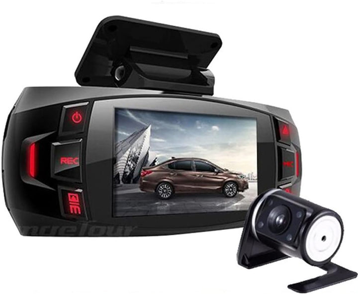 Dual lens dash cam with 2.7 inch LCD, front and rear view, 170 degree wide angle for vehicle security.