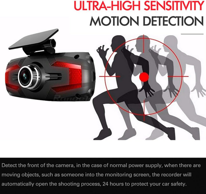 Full HD dual camera dash cam showing front and rear views, G-sensor, and loop recording functionality.