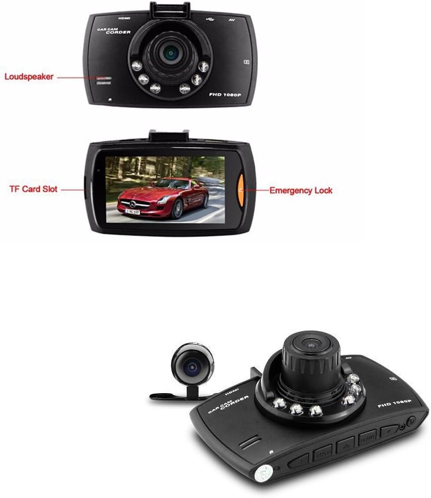 Front view of the G30 dual lens dash cam, highlighting its compact design & 2.7 inch Full HD screen