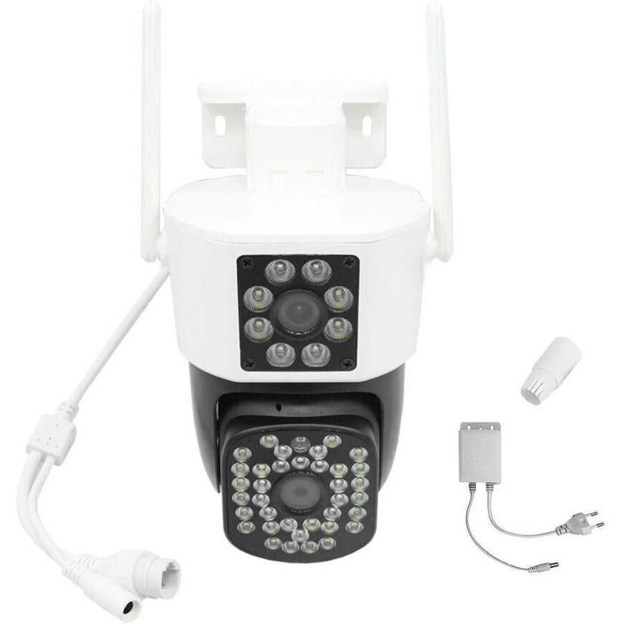 2-pack WiFi outdoor security cameras with dual lens, two-way audio & wide-angle surveillance system.