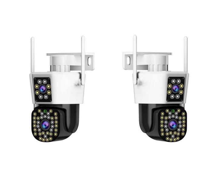 Advanced dual lens outdoor security camera system, 2-pack, with smart motion alerts & clear HD video.