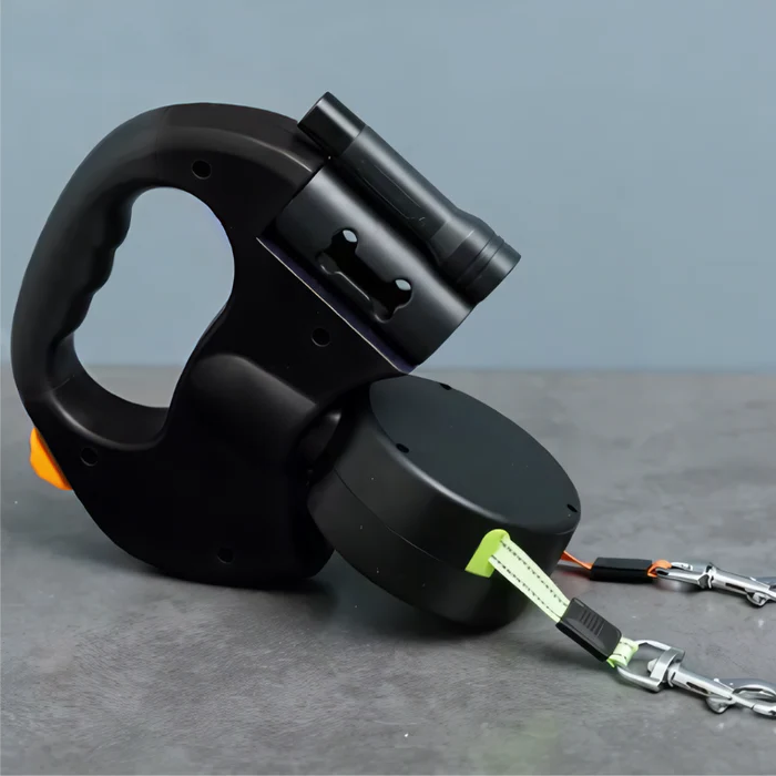 Dual retractable dog leash with LED light for walking two dogs safely at night. Tangle-free 360° swivel design.