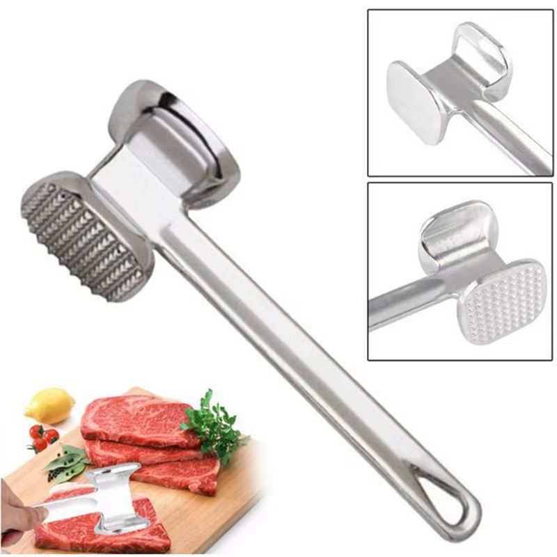 Durable meat mallet, a dual-sided kitchen utensil for tenderizing beef, chicken, and pork & flattening.